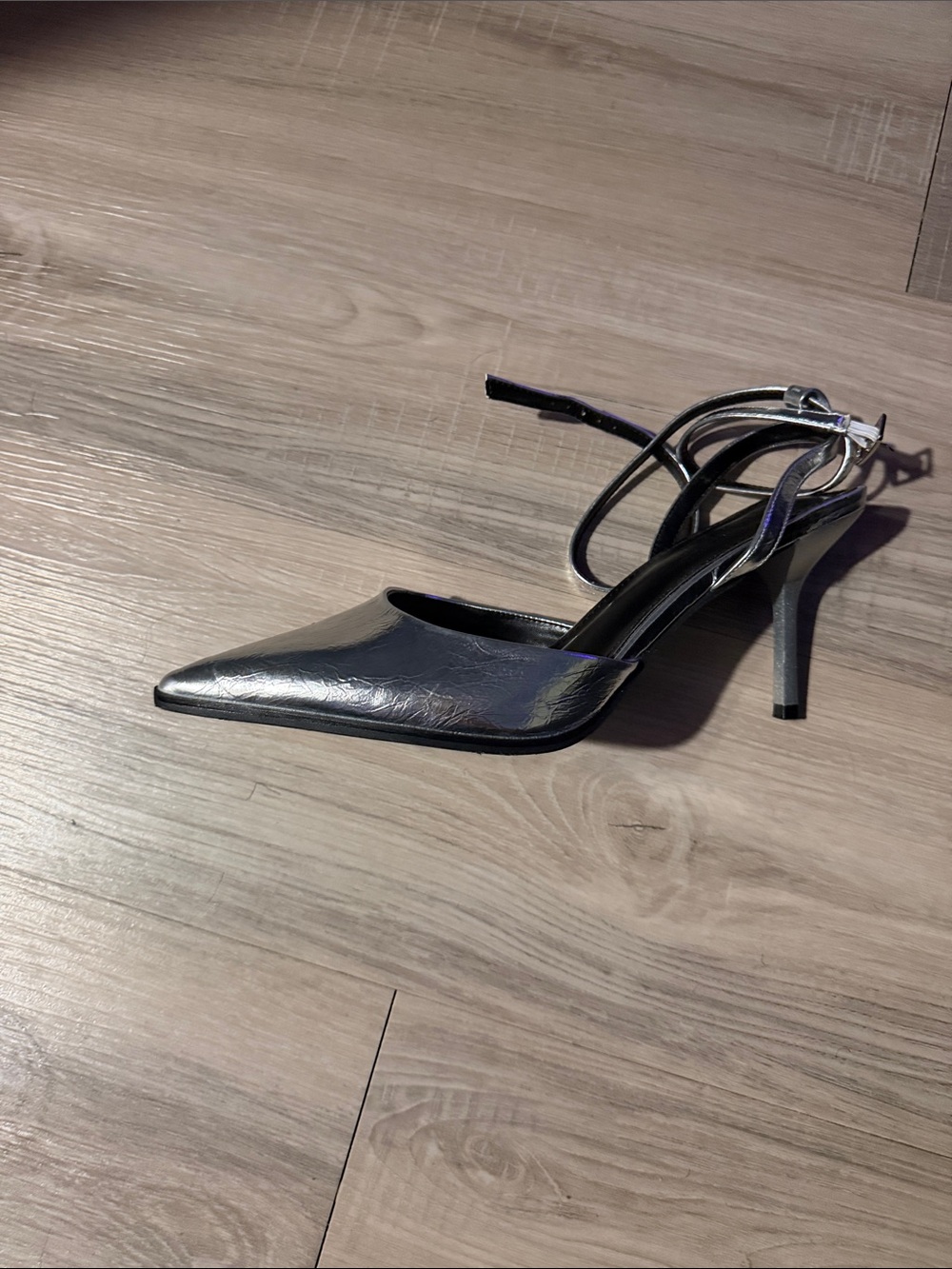 Motif Metallic Silver Pointed Toe Stiletto with Ankle Strap